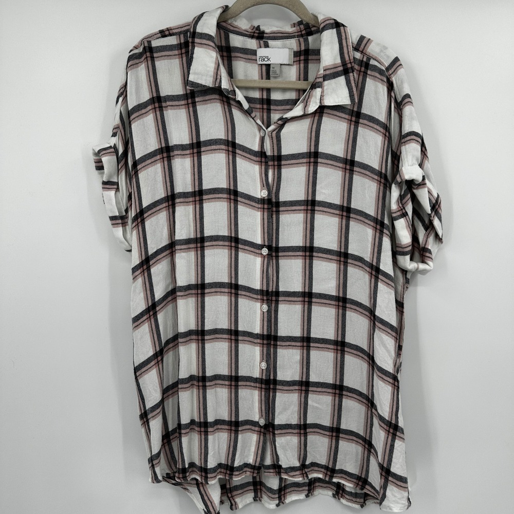 Nordstrom Rack Womens 1X Plaid Button Down Shirt Short Sleeve Rayon White Pink